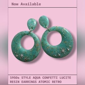Vintage Style Aqua Confetti Lucite Resin Earrings 1950s Retro Atomic Starburst